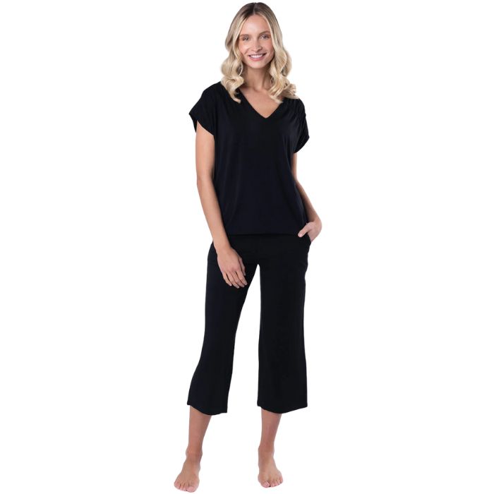 Alicia V neck top black full body front view on model
