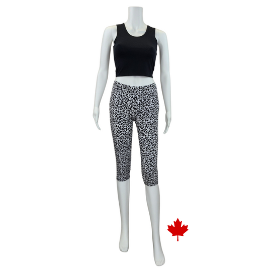 Elle 3/4 length leggings black and white leopard print full body front view of leggings on mannequin