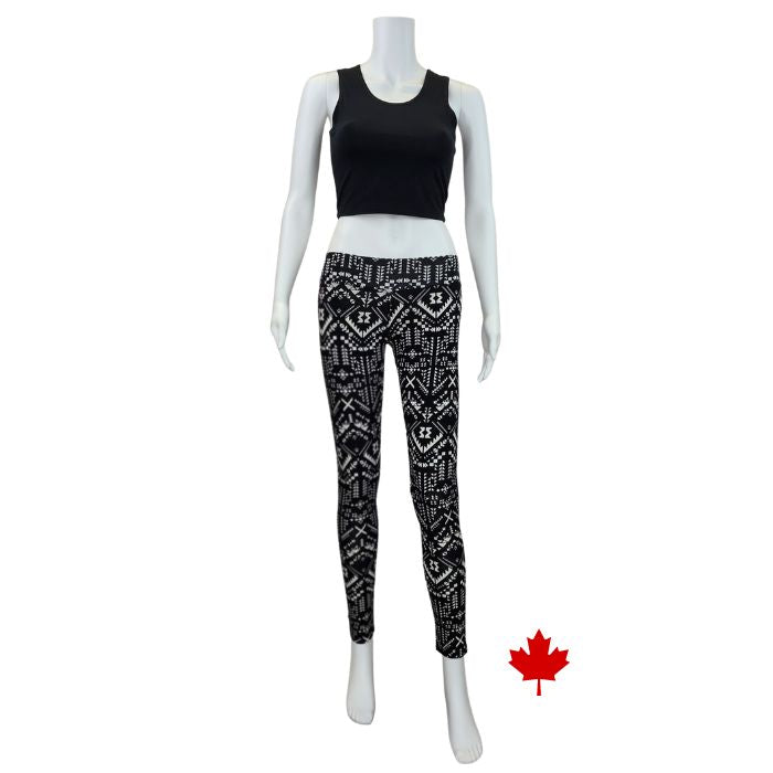 Eve full length yoga leggings black and white geographic print full body front view of leggings on mannequin