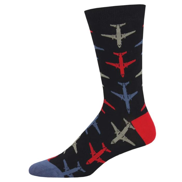 black crew sock with blue, red and grey airplane print