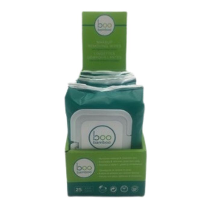 Make-up removing wipes 25 pack front view of display box.