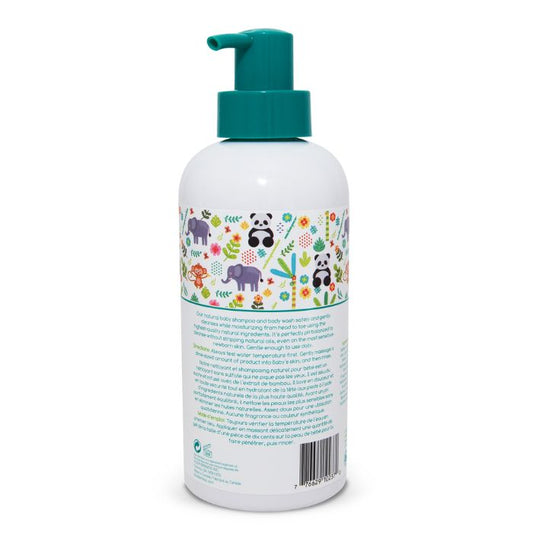 Natural baby shampoo and body wash cleanser boo bamboo back view of 600ml bottle with pump.