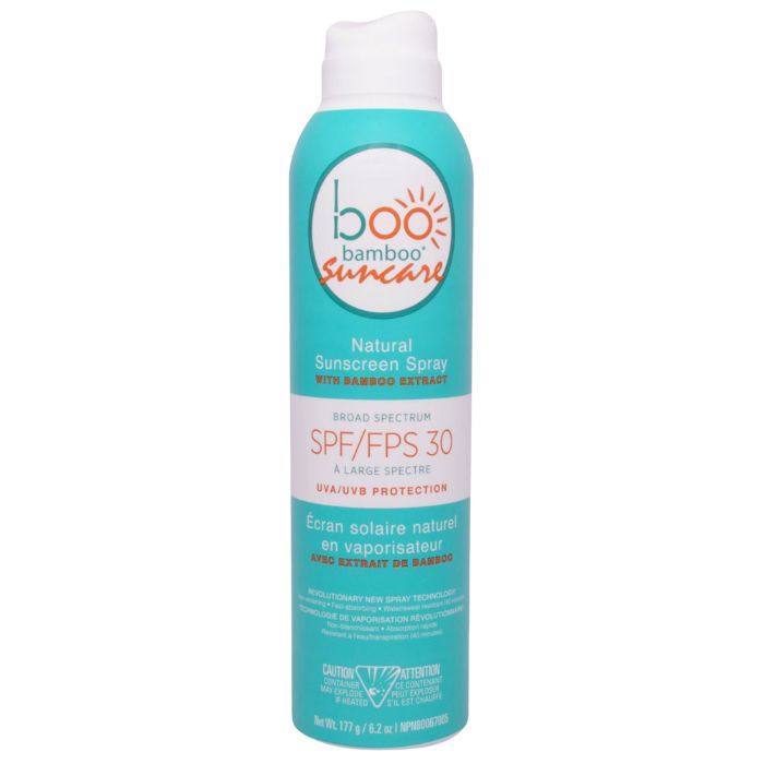 Natural Sunscreen SPF 30 boo bamboo front view of spray can.
