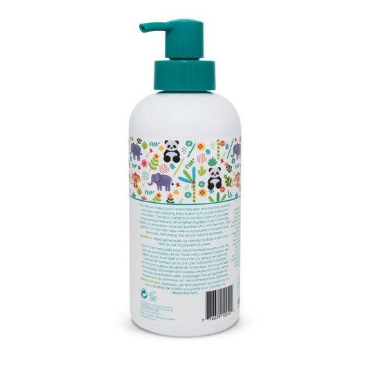 Natural unscented baby lotion boo bamboo back view of 600ml bottle with pump.