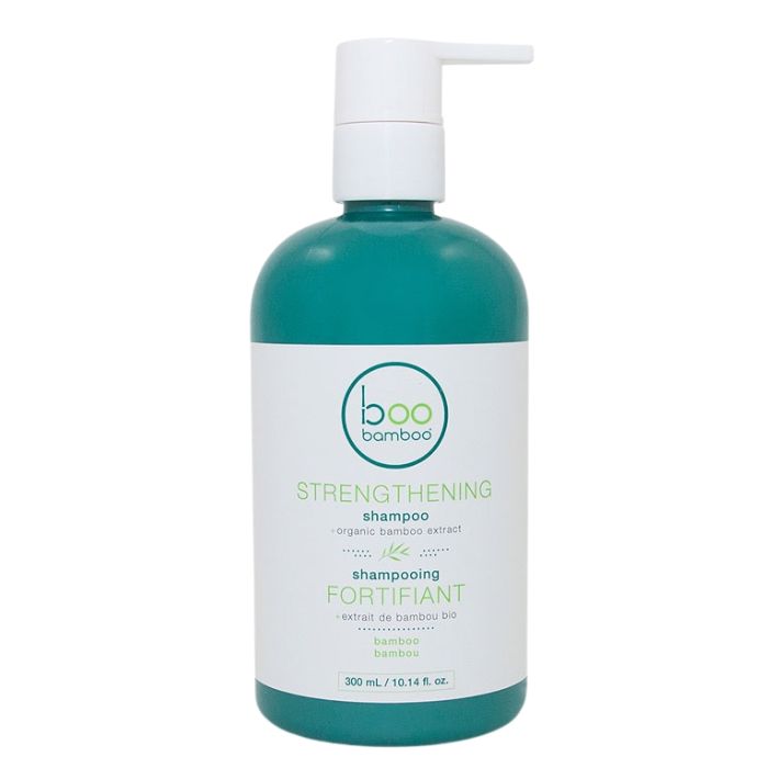 Strengthening shampoo front view of 1L bottle with pump.