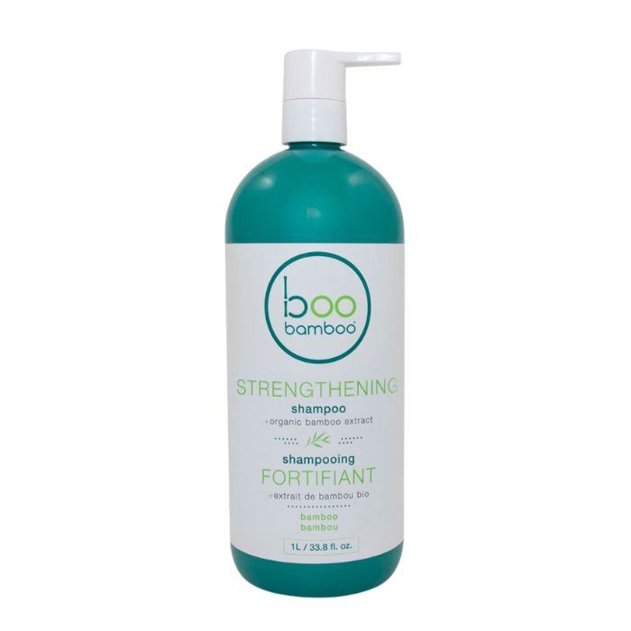 Strengthening shampoo front view of 1L bottle with pump.
