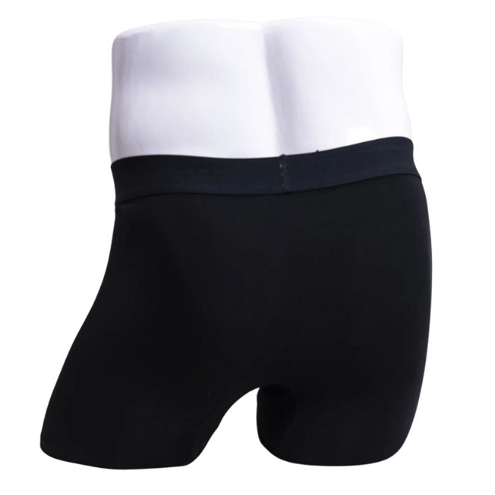 body of male mannequin wearing boxer 2.0 black boxer brief undershorts back view on white background