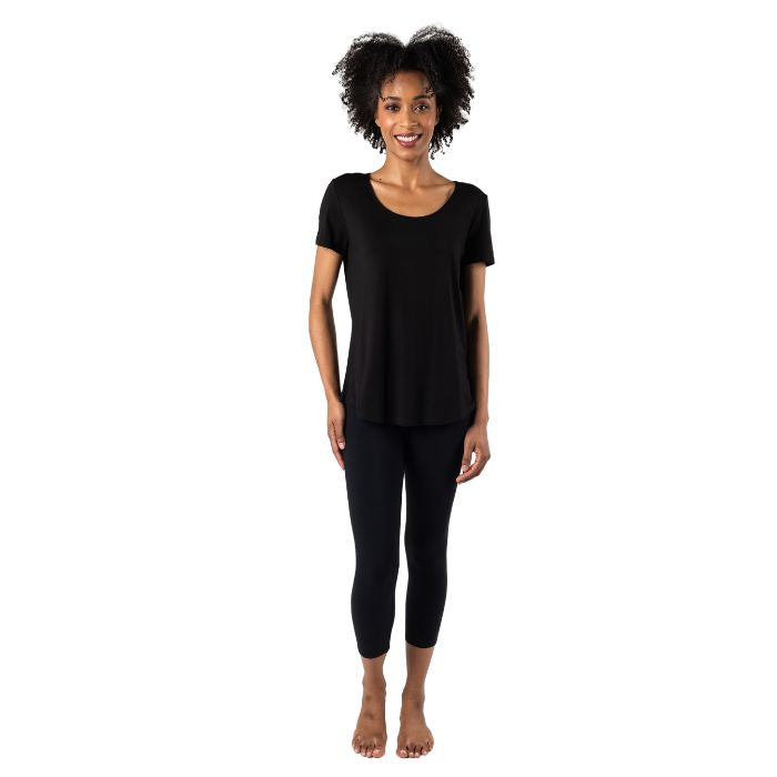 Brenda U-neck t-shirt top black full body front view on model