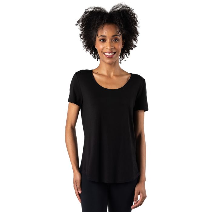Brenda U-neck t-shirt black front view of top on model