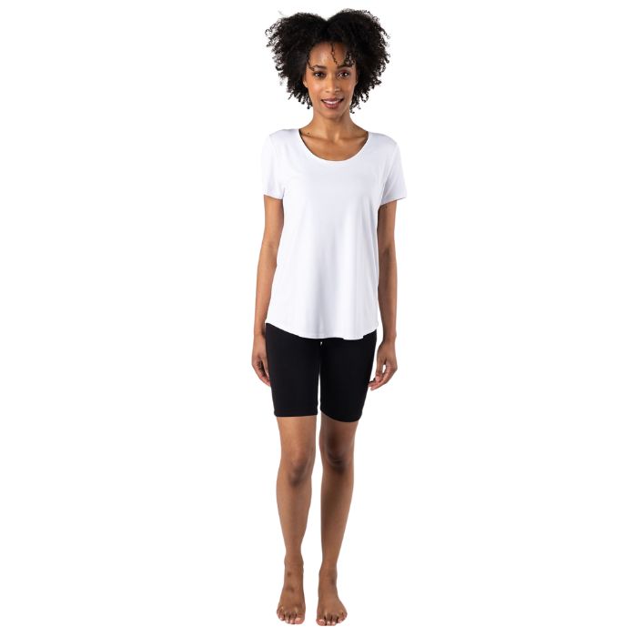 Brenda U-neck t-shirt top white full body front view on model