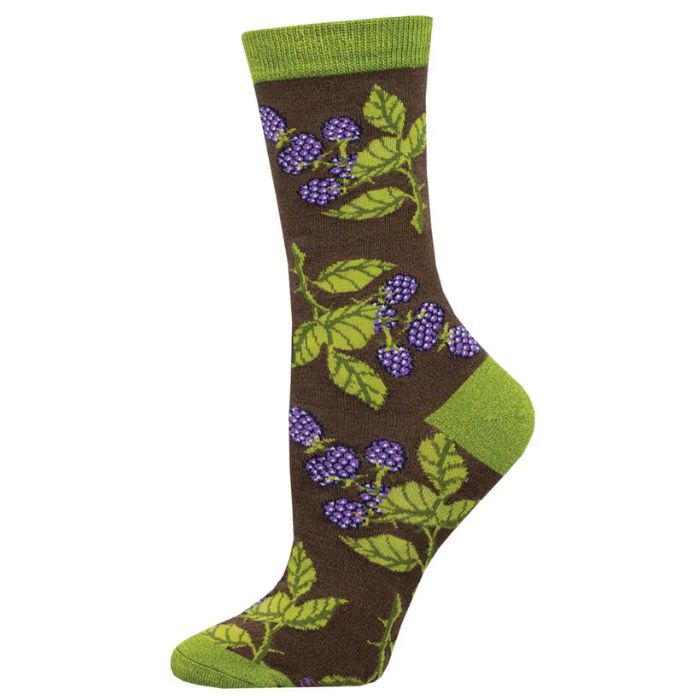 Bunch of blackberries sock dark brown sock with bunches of blackberries print.