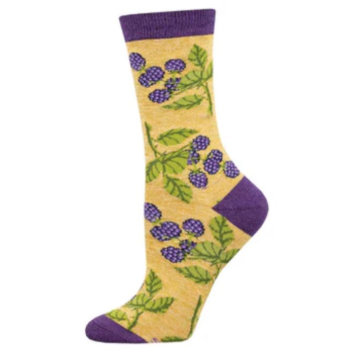Bunch of blackberries sock light brown sock with bunches of blackberries print.