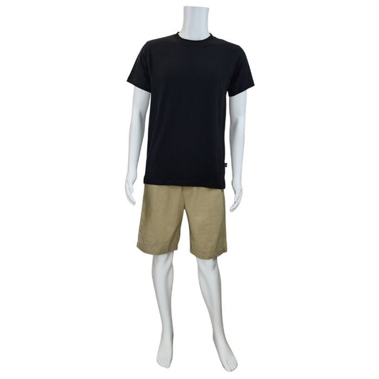 mannequin wearing black charlie crew neck t-shirt and taupe craig shorts front view on white background