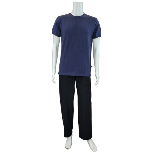 mannequin wearing blue charlie crew neck t-shirt and black jeff pants front view on white background