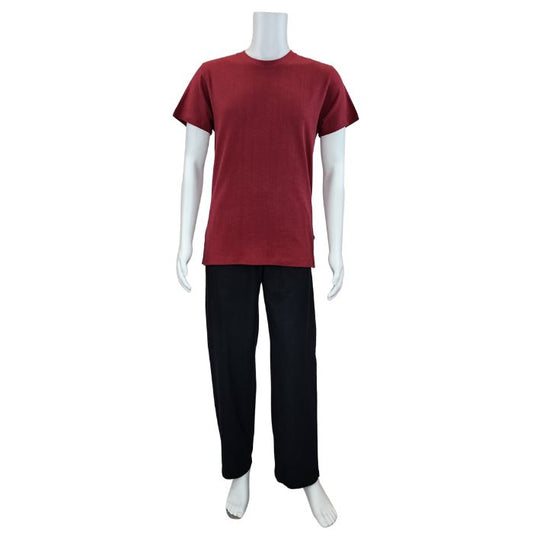 mannequin wearing burgundy red charlie crew neck t-shirt and black jeff pants front view on white background