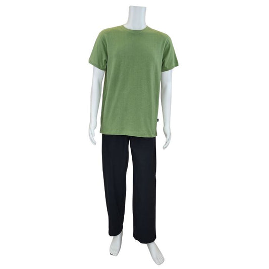 mannequin wearing celery green charlie crew neck t-shirt and black jeff pants front view on white background