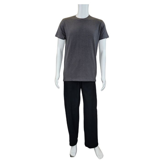 mannequin wearing charcoal grey charlie crew neck t-shirt and black jeff pants front view on white background