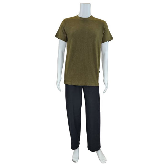 mannequin wearing olive green charlie crew neck t-shirt and black jeff pants front view on white background