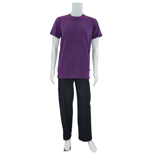 mannequin wearing plum purple charlie crew neck t-shirt and black jeff pants front view on white background