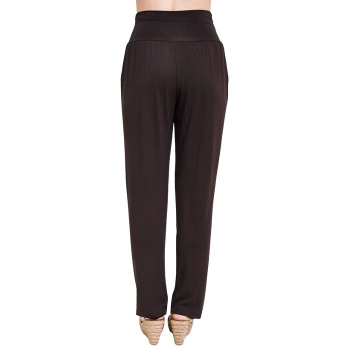 bottom of female model wearing coffee brown clair pants back view on white background