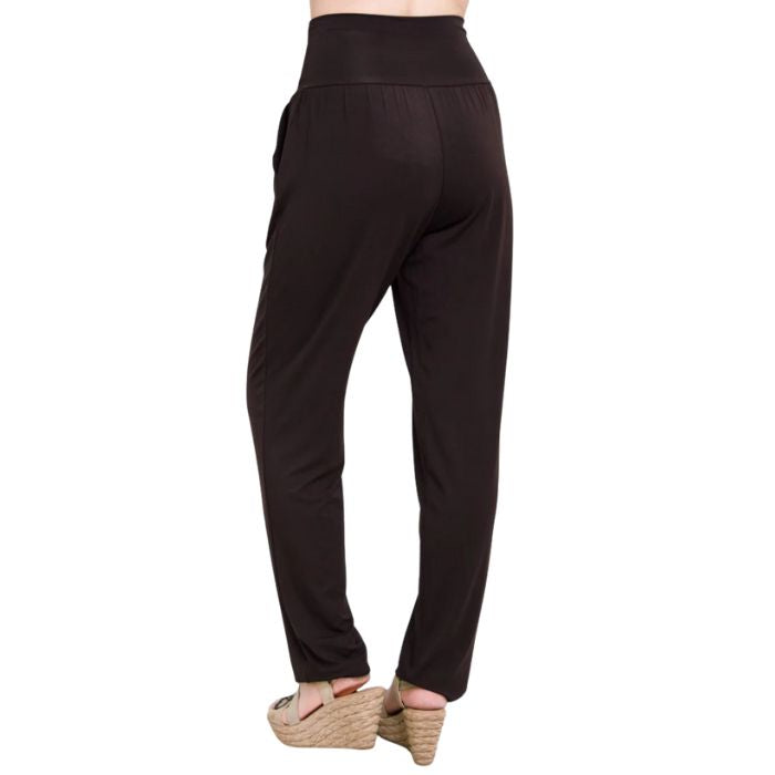 bottom of female model wearing coffee brown clair pants back view on white background