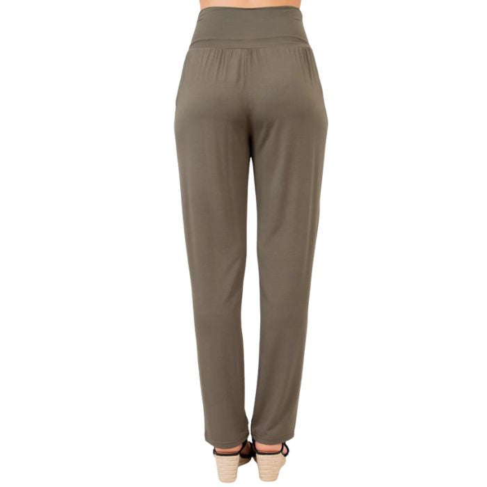 bottom of female model wearing khaki green clair pants back view on white background