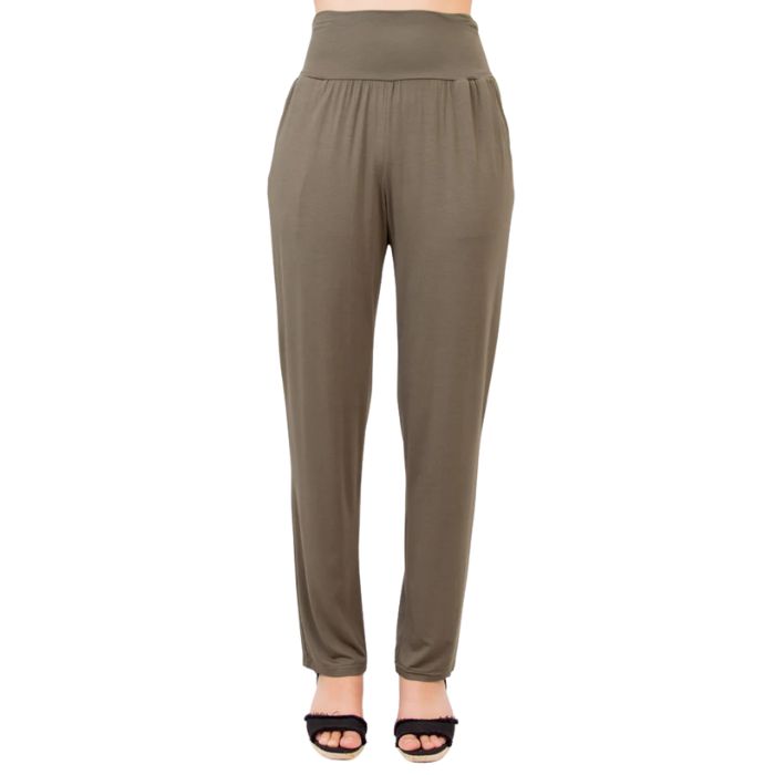 bottom of female model wearing khaki green clair pants front view on white background