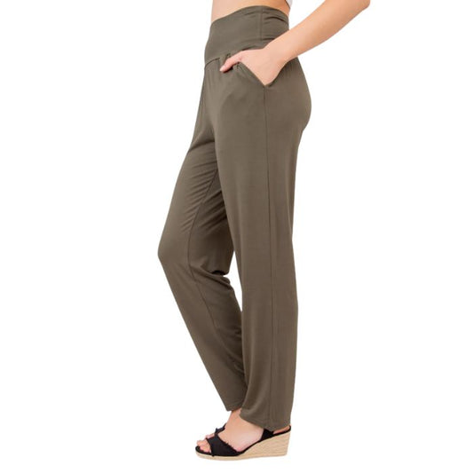 bottom of female model wearing khaki green clair pants side view on white background