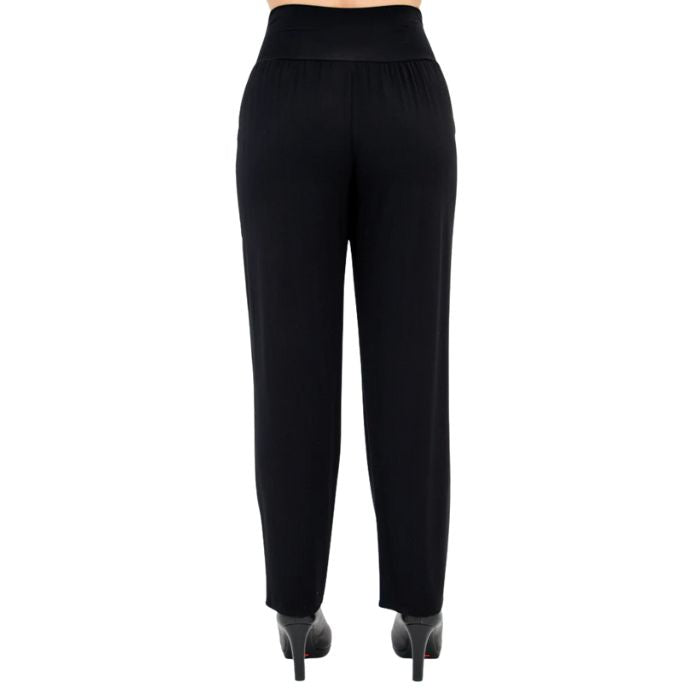 bottom of female model wearing black clair petite pants back view on white background