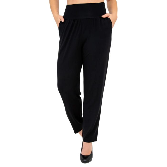 bottom of female model wearing black clair petite pants front view on white background