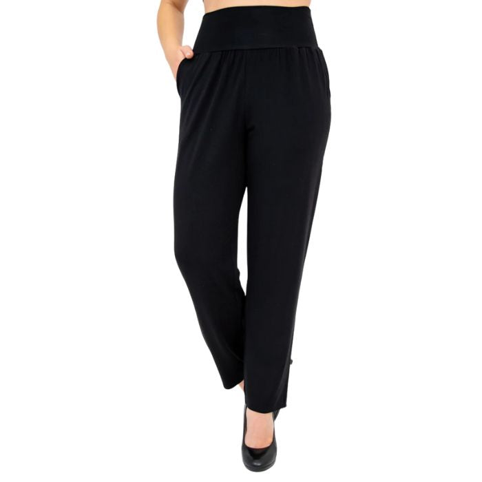 bottom of female model wearing black clair petite pants front view on white background