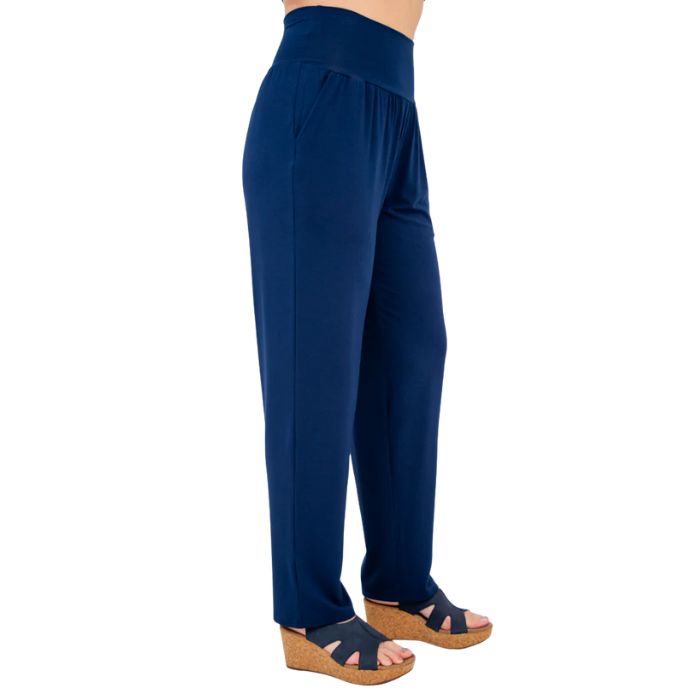 bottom of female model wearing indigo blue clair petite pants front view on white background
