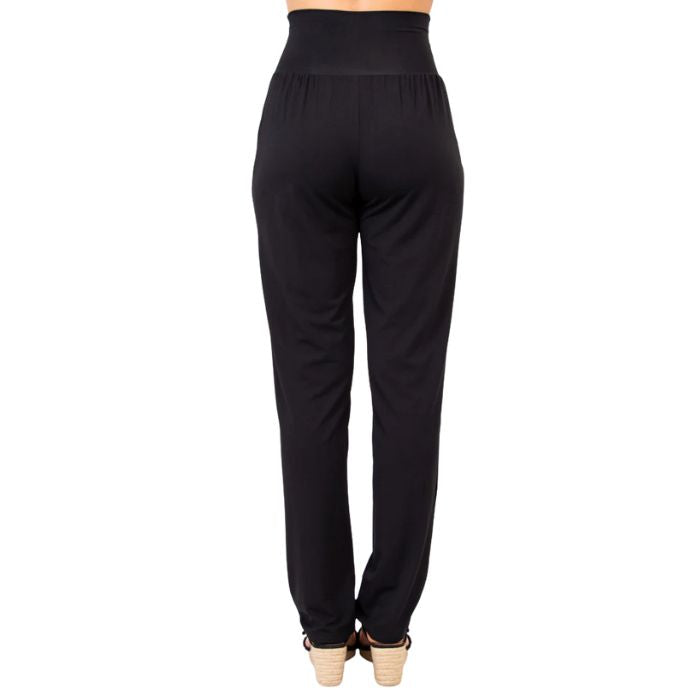 bottm of female model wearing black clair pants tall back view on white backround