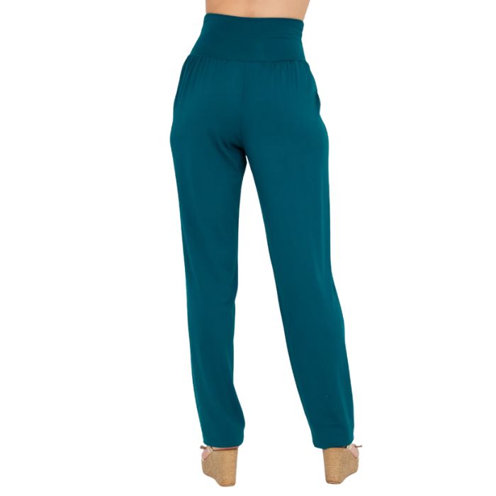 bottom of female model wearing teal green clair pants back view on white background
