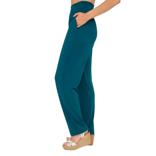 bottom of female model wearing teal green clair pants side view on white background