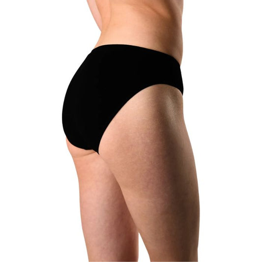 body of female model wearing black classic cut panties back view on white background