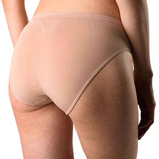 body of female model wearing beige brown classic cut panties back view on white background