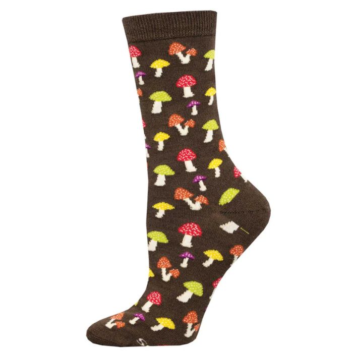 Colorful caps sock brown sock with colorful mushroom print.
