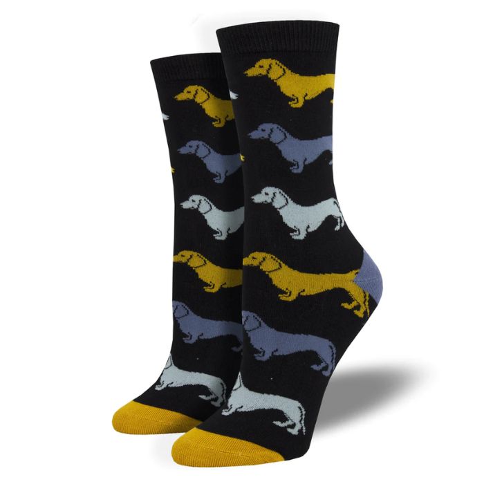 Dachshund socks a pair of black crew socks with brown and blue dachshund dog print