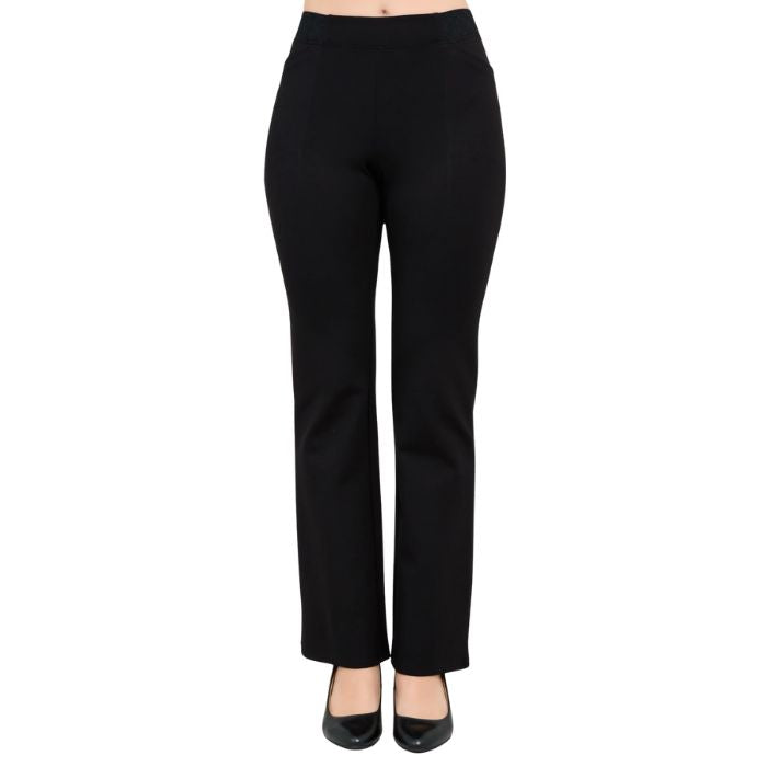 bottom of female model wearing black daya pants front view on white background