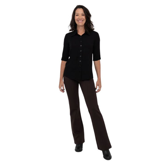 female model wearing coffee brown daya pants and black lorrine blouse front view on white background