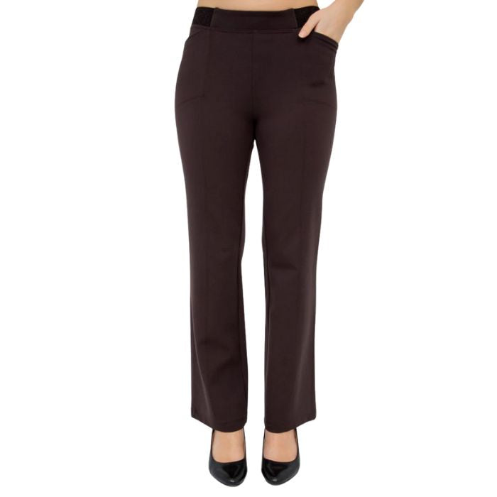bottom of female model wearing coffee brown daya pants front view on white background