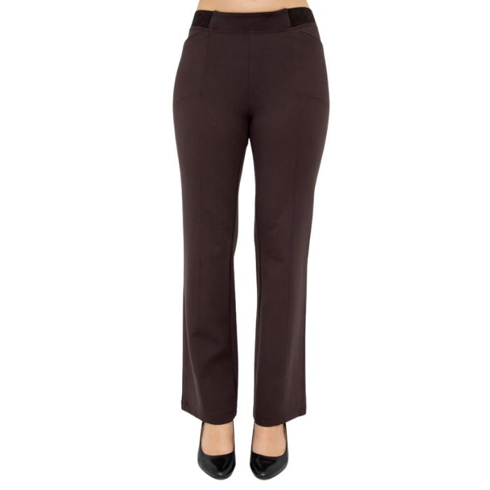 bottom of female model wearing coffee brown daya pants front view on white background