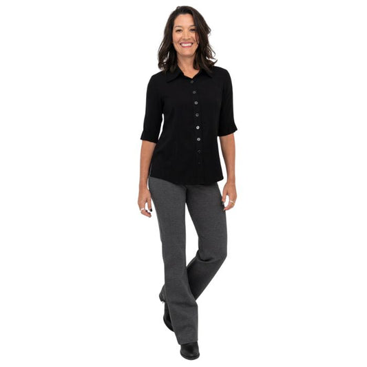 female model wearing granite grey daya pants and black lorrine blouse front view on white background
