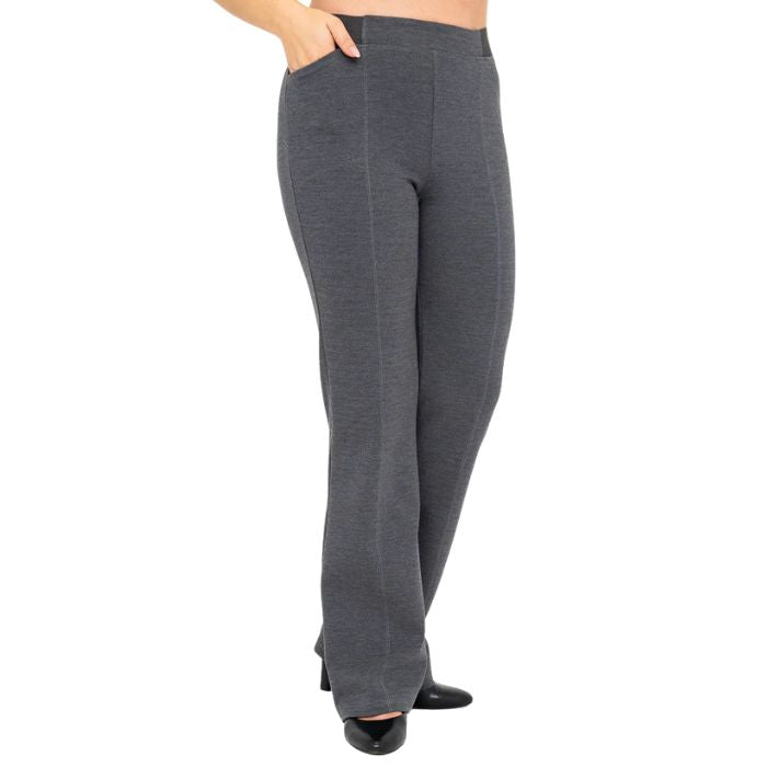 bottom of female model wearing granite grey daya pants front view on white background