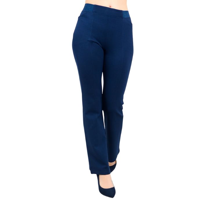 bottom of female model wearing indigo blue daya pants petite front view on white background