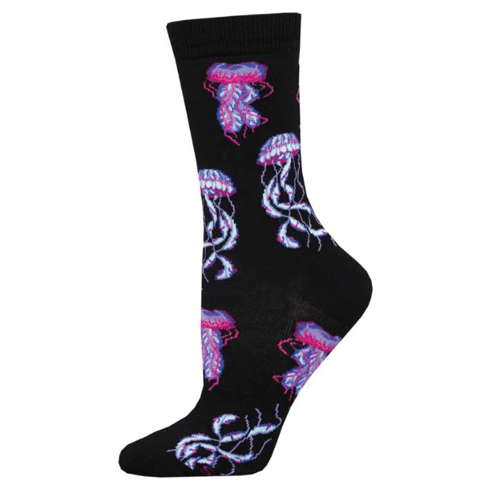 Deep sea jellies sock black sock with jellyfish print.