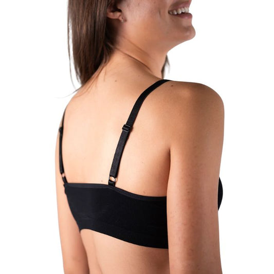 top of female model wearing black terrera essential adjustable bralette back view on white background