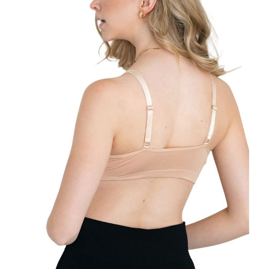 top of female model wearing beige brown terrera essential adjustable bralette back view on white background