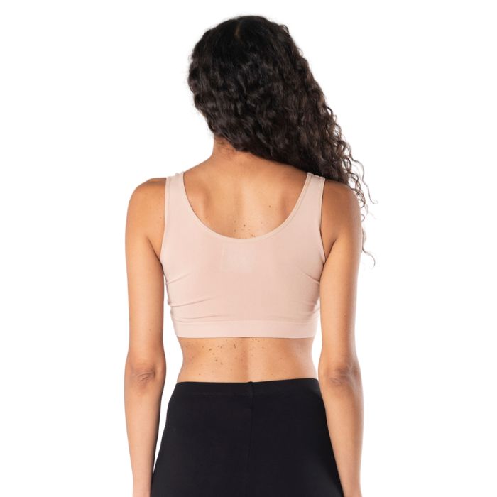 essential bralette beige brown back view of top on model